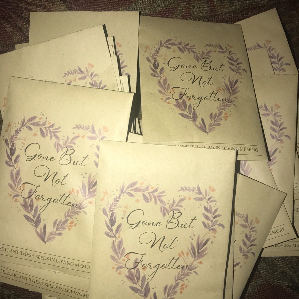 Gone but not forgotten memorial repast funeral plant seeds Kraft packet